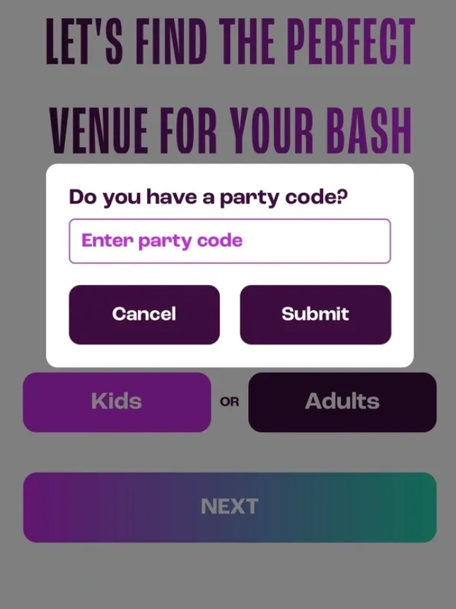 BashDit app screen: Let's find the perfect venue for your bash